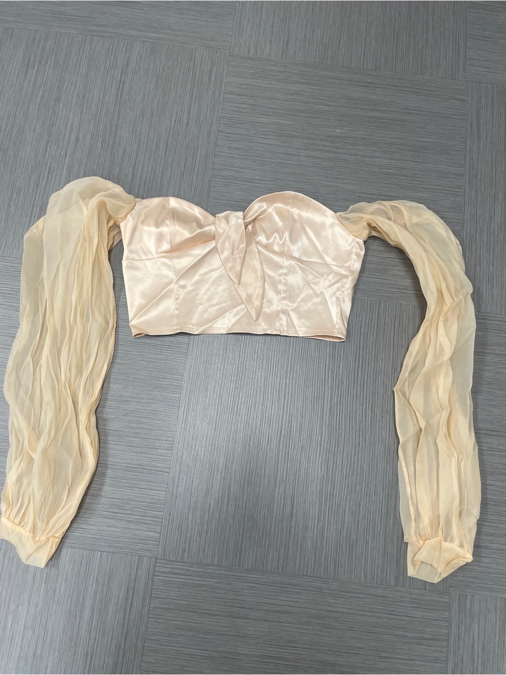 SHEIN Cream Satin Tie-Front Crop Top with Sheer Puff Sleeves